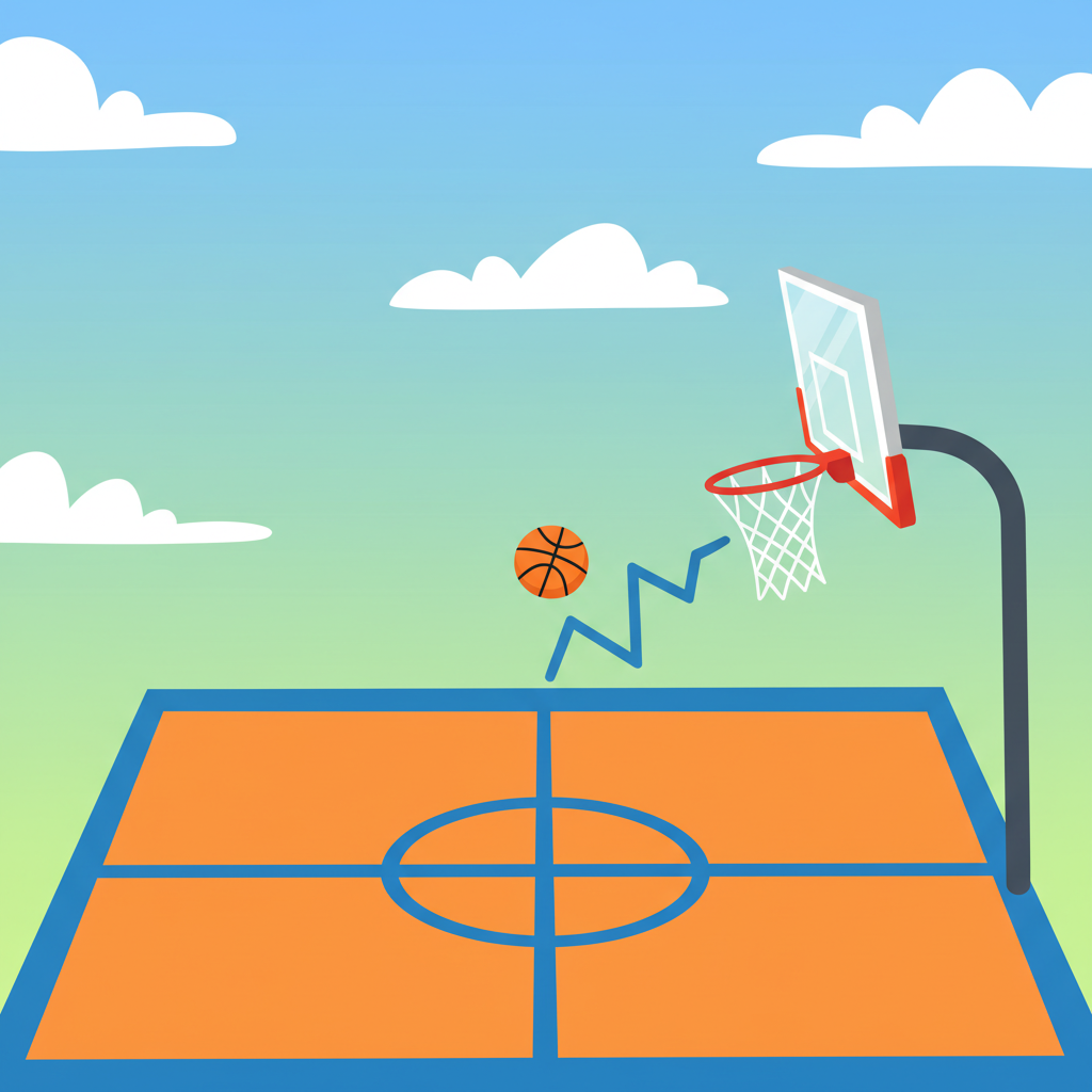 Basket Random game basketball court with orange surface and blue lines, under a gradient sky