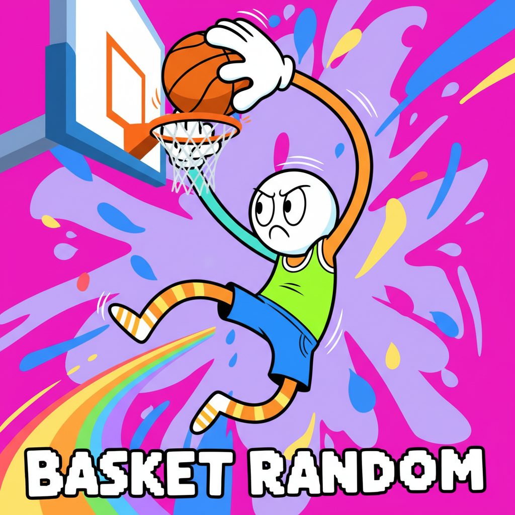 Basket Random character performing an exaggerated, physics-defying jump to dunk a basketball