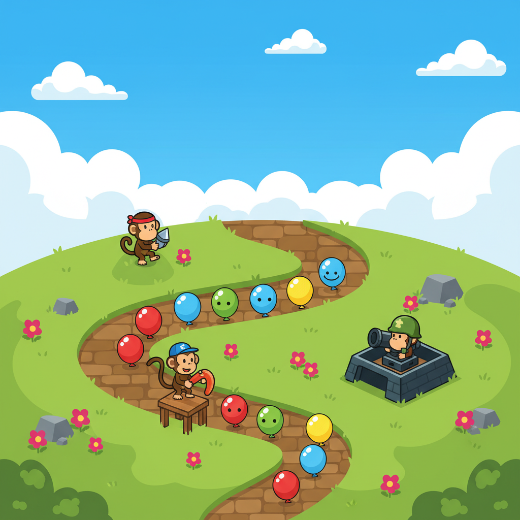 Bloons Tower Defense Unblocked aerial view of game level with monkey towers and bloons