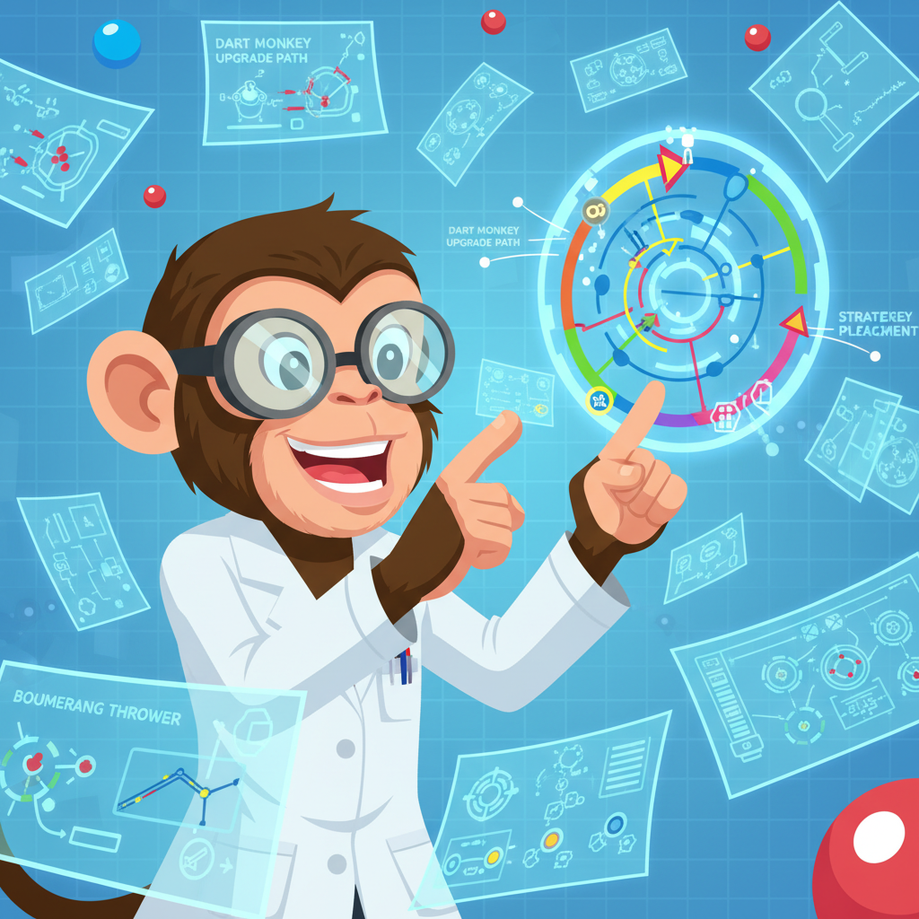 Bloons Tower Defense Unblocked monkey scientist explaining tower upgrade strategies with diagrams
