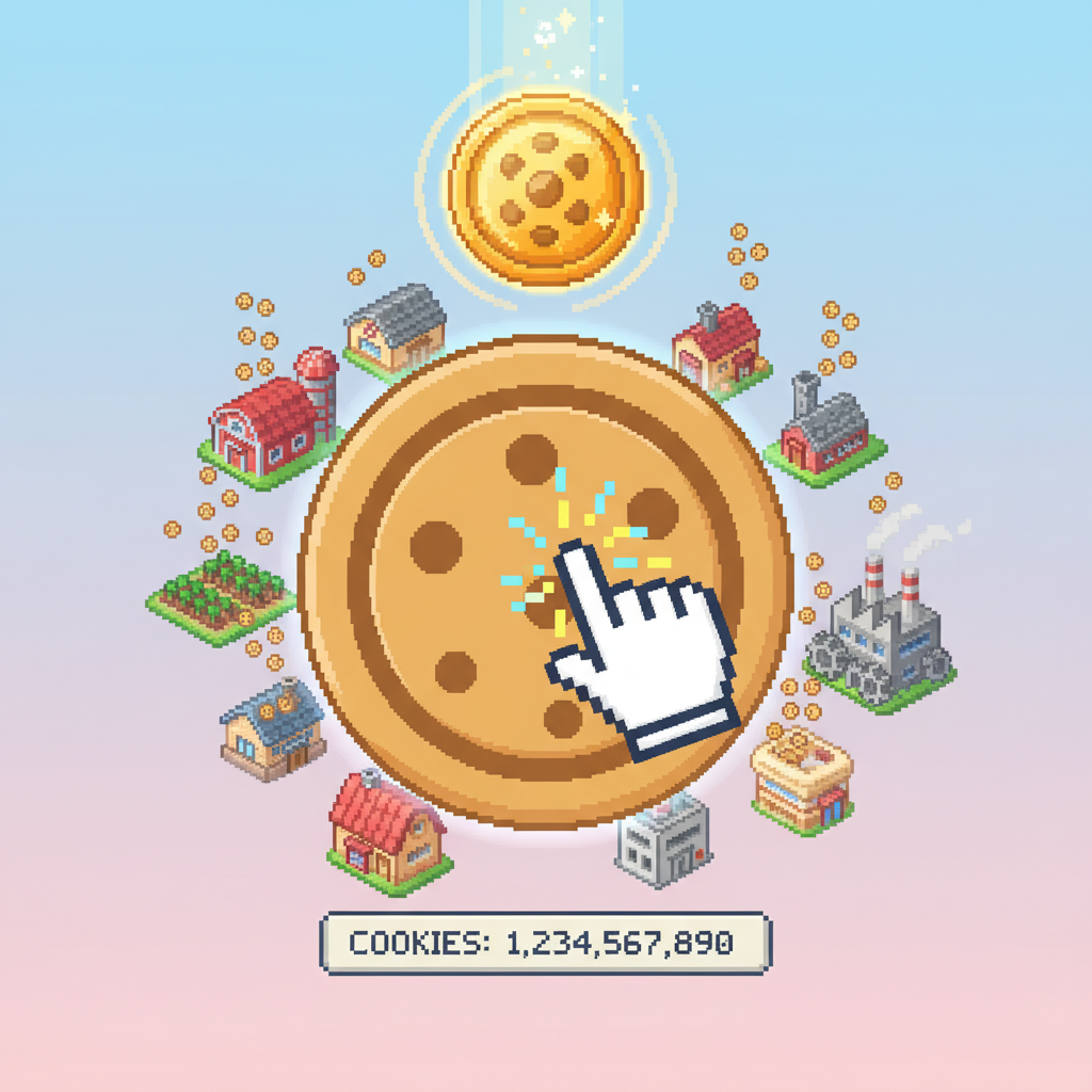 Cookie Clicker Unblocked giant cookie being clicked by pixel cursor with golden cookie bonus.