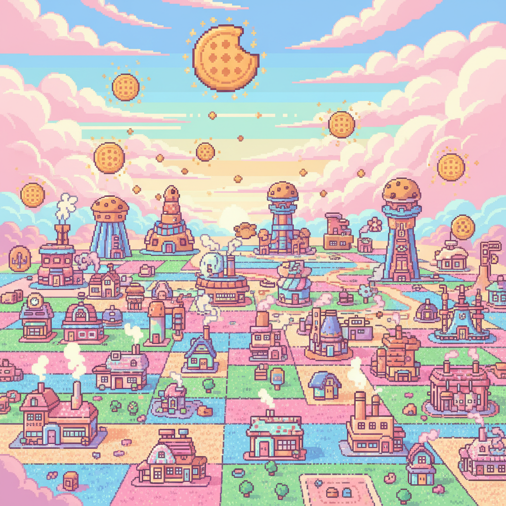 Cookie Clicker Unblocked expansive view of pixel art buildings generating cookies in a pastel landscape.