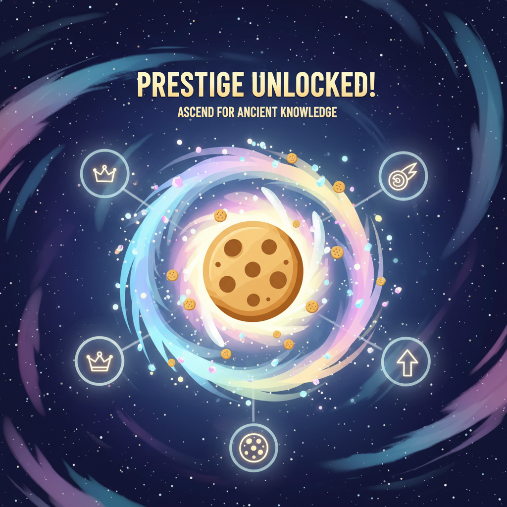 Cookie Clicker Unblocked giant cookie with swirling prestige effect in a starry pastel background.