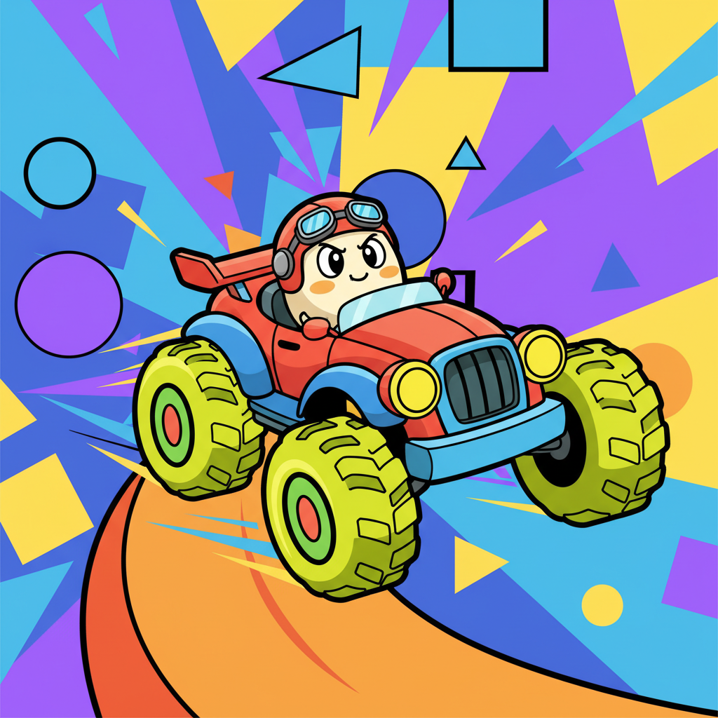 Eggy Car game illustration of an egg in a car jumping a ramp.