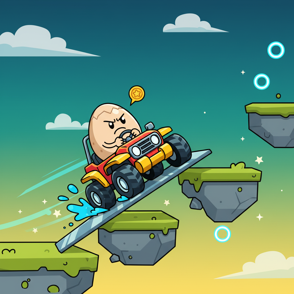 Eggy Car controls and strategy shown with egg car navigating obstacles.