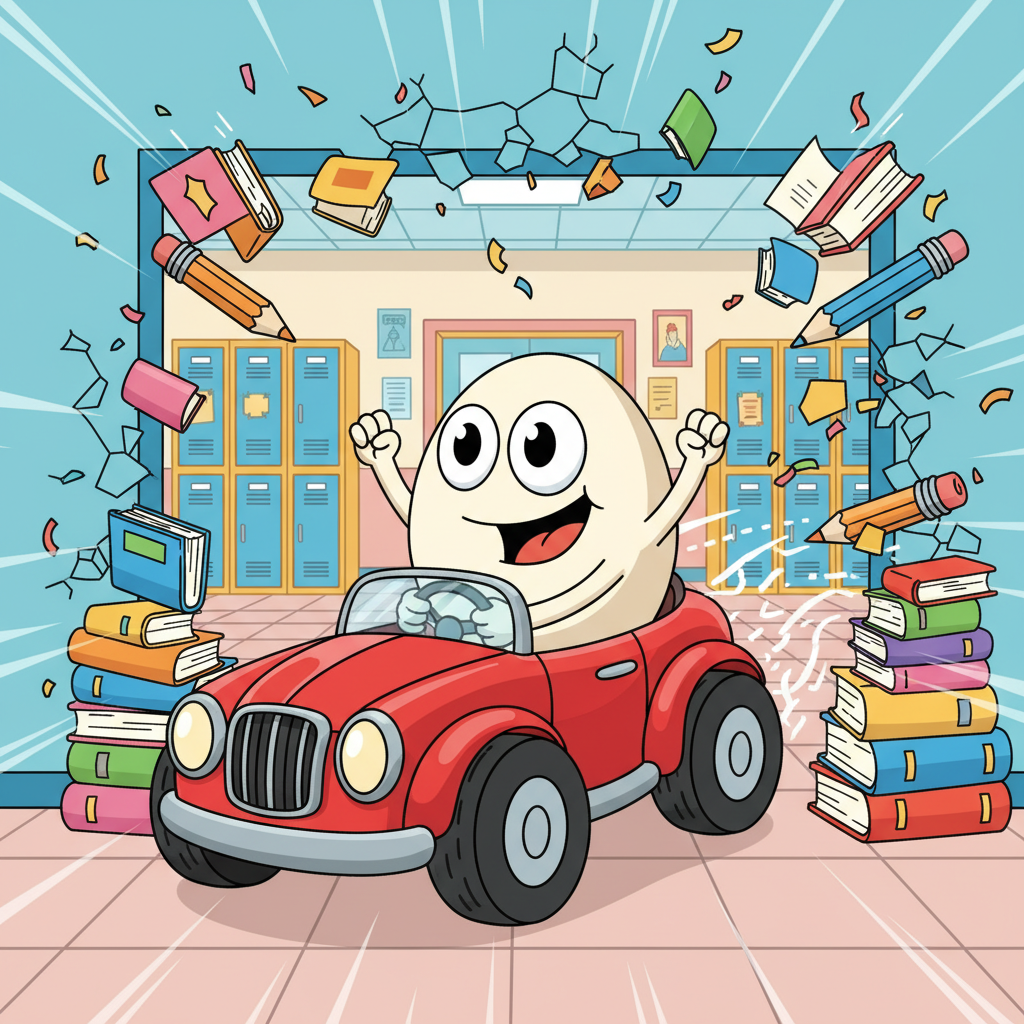 Eggy Car unblocked at school, egg car smashing through books.