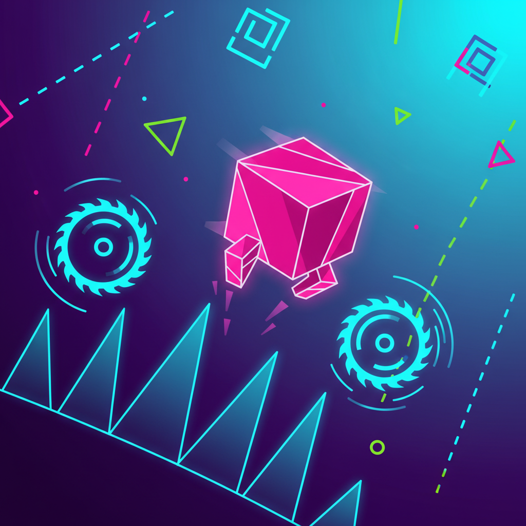 Geometry Dash Unblocked cube character jumping over neon obstacles.