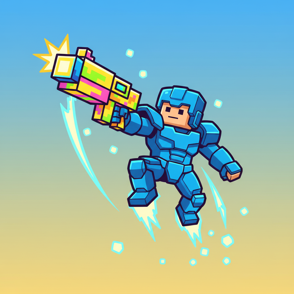 Krunker Unblocked blue character jumping with a pixel gun