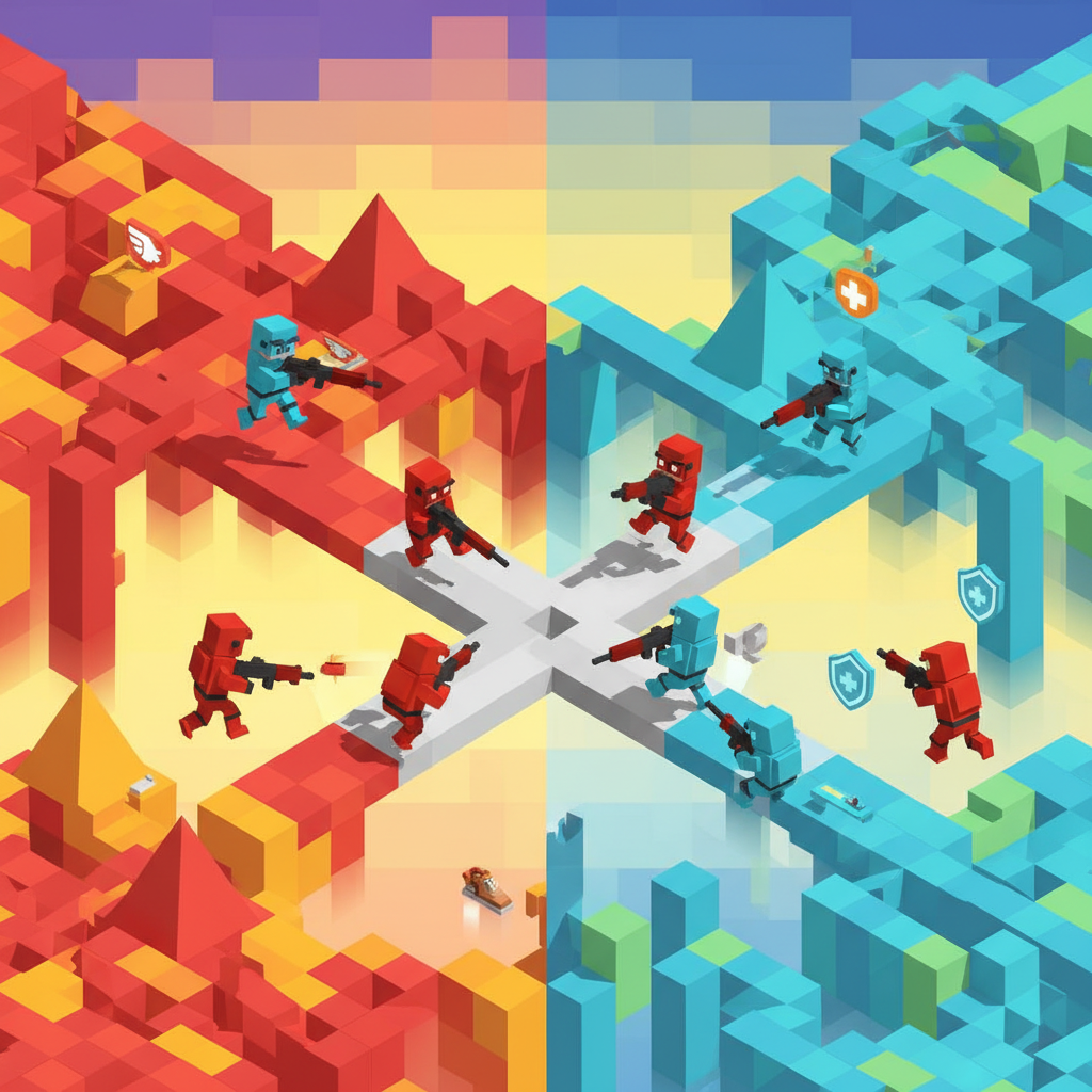 Krunker Unblocked arena with red and cyan voxel characters in a wide view