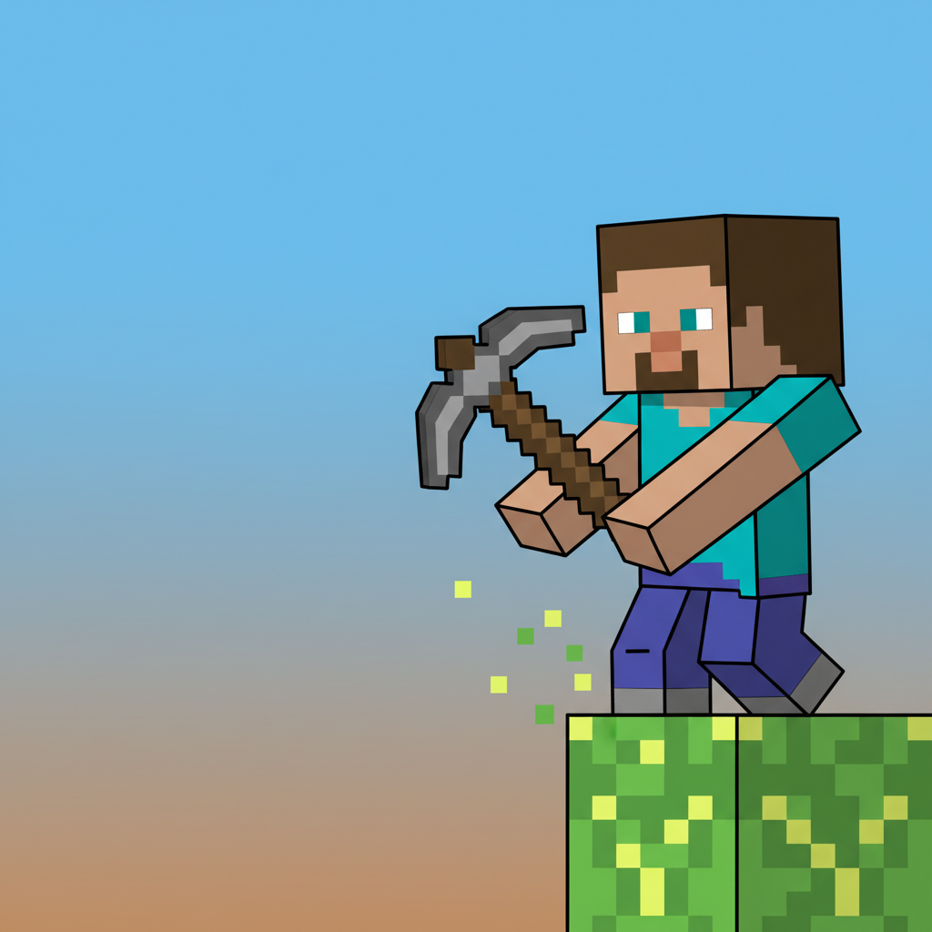 Minecraft Classic Unblocked character mining a green block with a pickaxe.