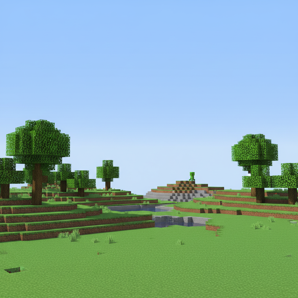 Minecraft Classic Unblocked wide landscape with blocky terrain and a creeper.