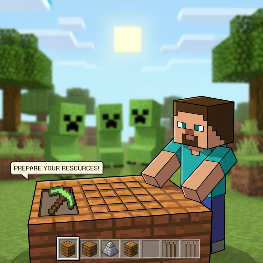 Minecraft Classic Unblocked character crafting items while creepers approach.