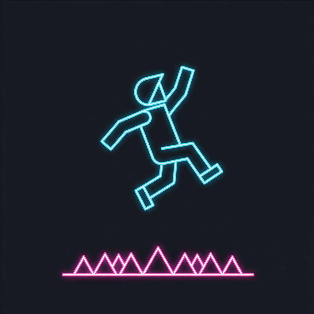 OvO Unblocked sprite character leaping over a spike trap in a challenging level.