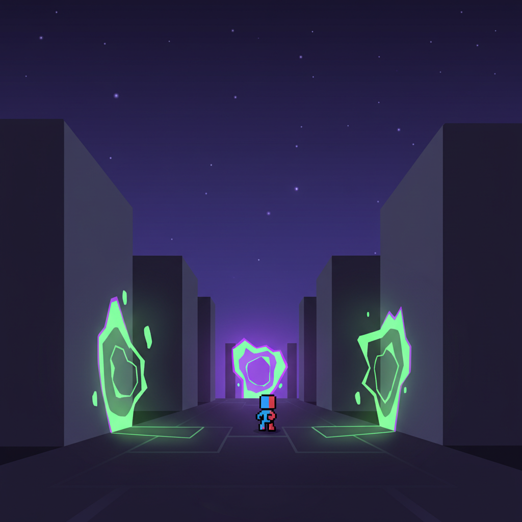 OvO Unblocked sprite character approaching a glowing portal in a restricted environment.