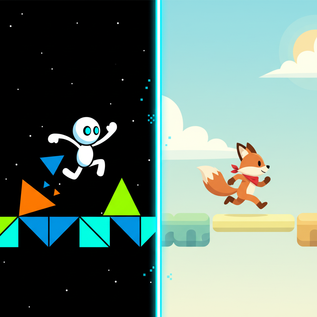 OvO Unblocked contrasted with another platformer, showcasing distinct minimalist art styles.