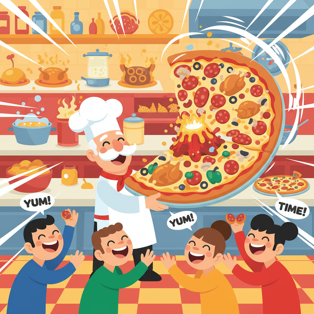 Papa Louie character serving pizza in a busy restaurant.