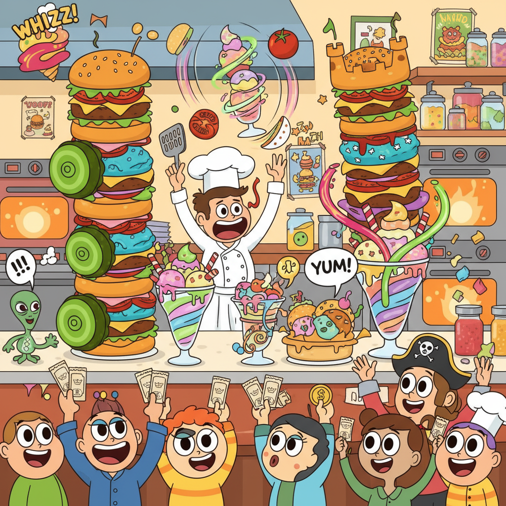 Piled high counter of fantastical burgers and sundaes in Papa Louie.