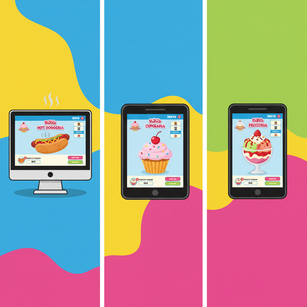 Papa Louie game being played on computer, tablet, and phone.