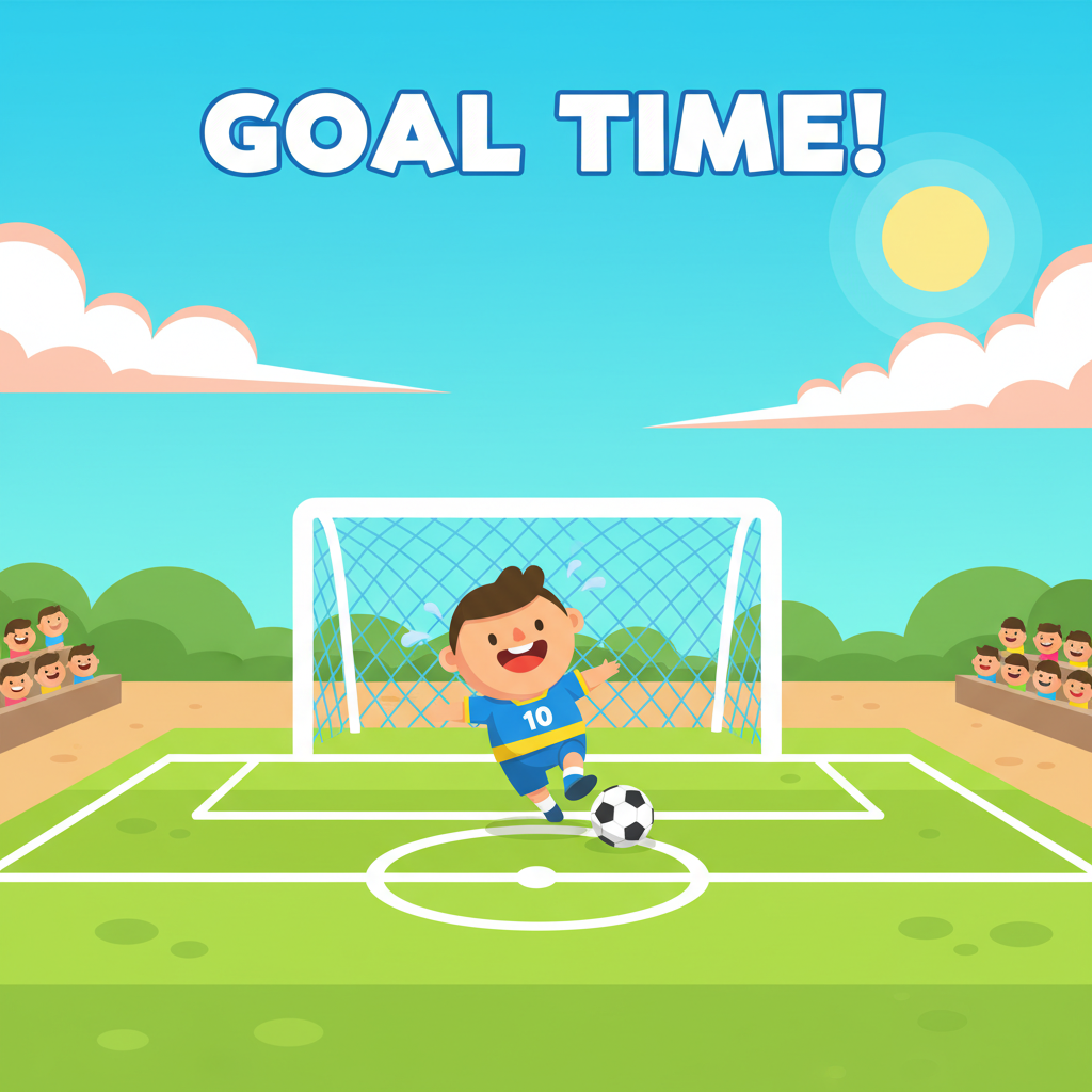 Penalty Shooters Unblocked cartoon player on green pitch, ready to play anywhere