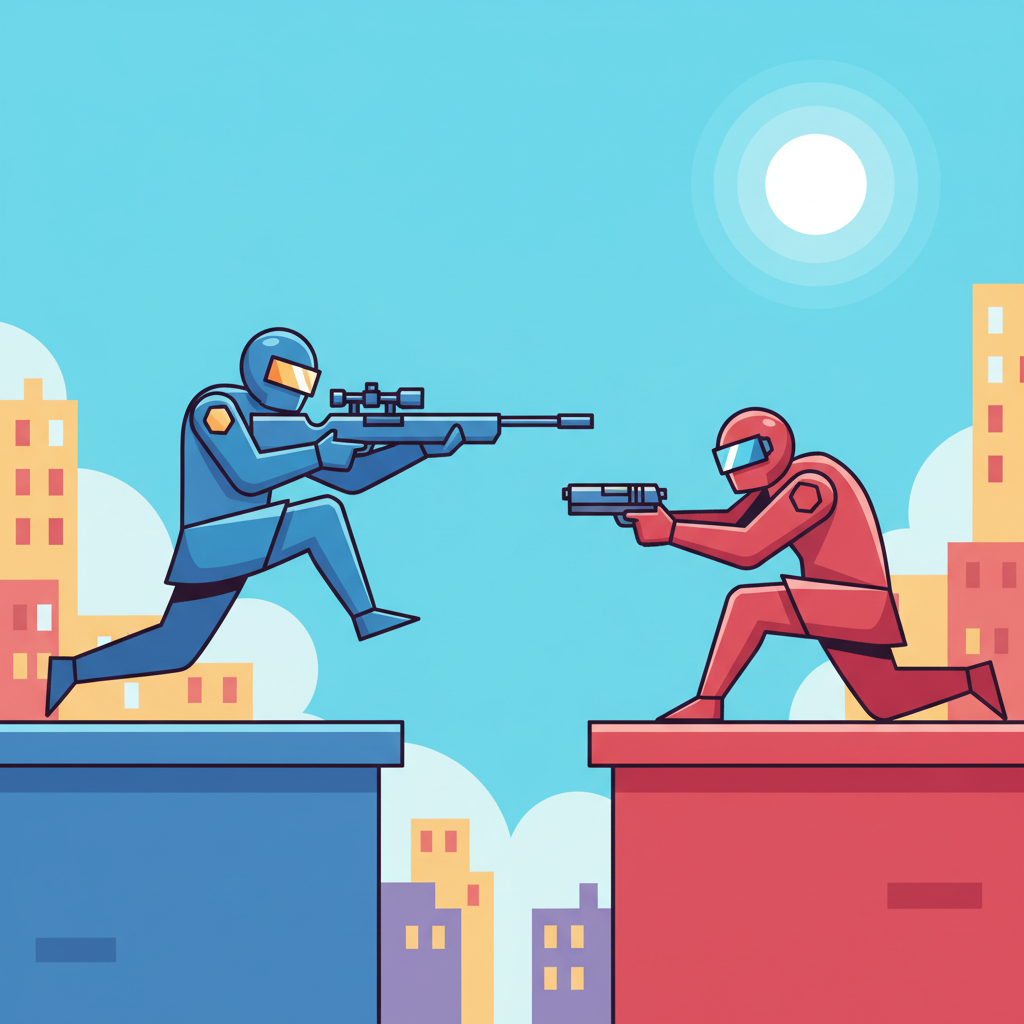 Rooftop Snipers Unblocked characters in a standoff.