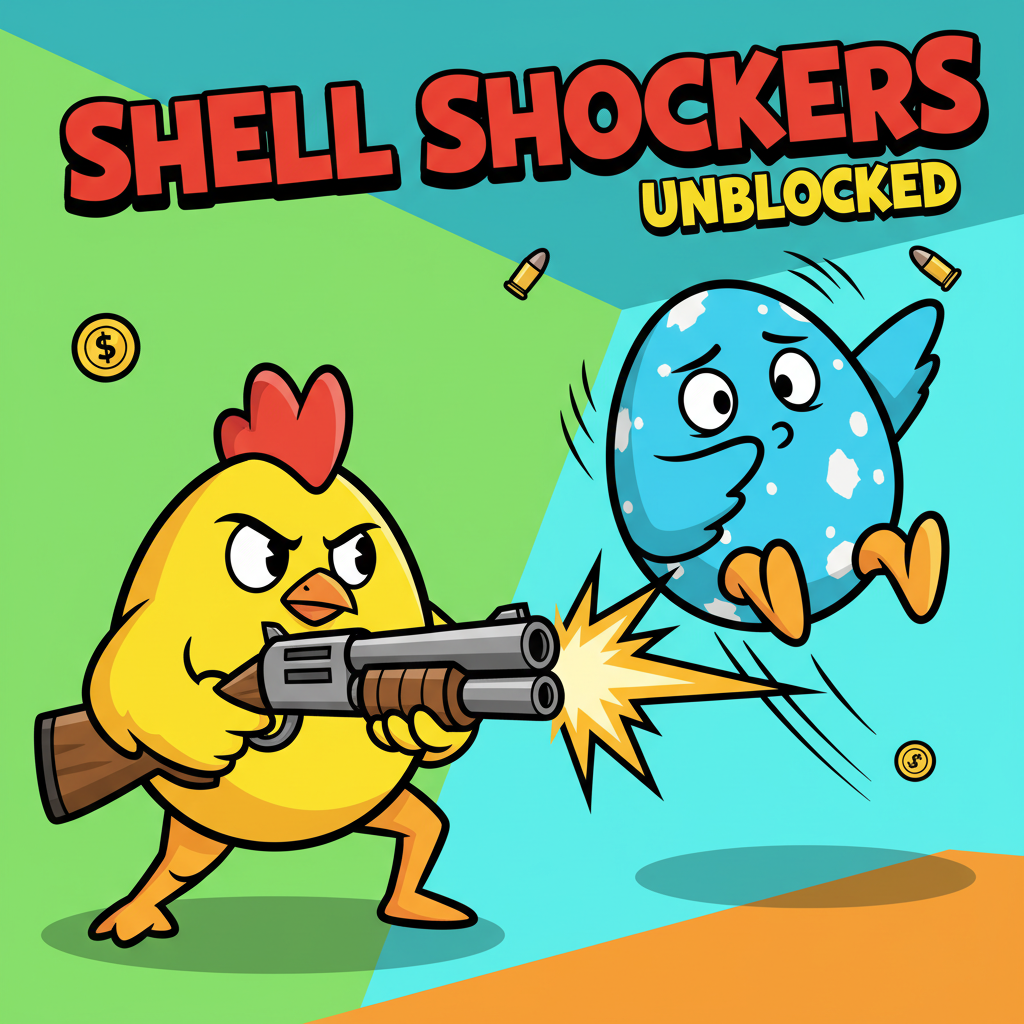 Shell Shockers Unblocked yellow egg aiming shotgun while blue egg dodges in a cartoon arena