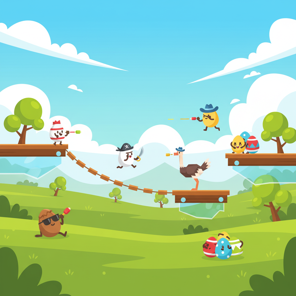 Shell Shockers Unblocked vibrant cartoon egg characters on a sunny, simplistic grassland level