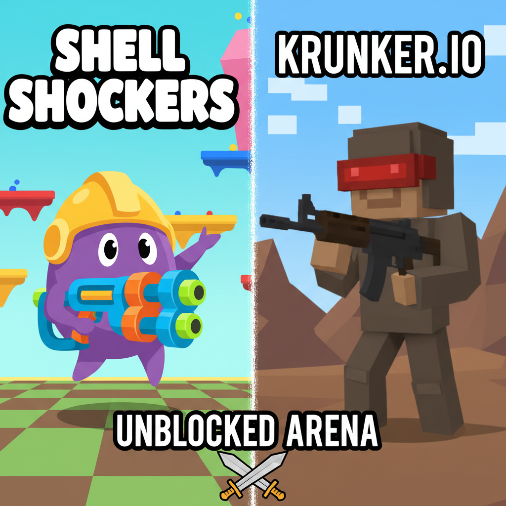 Shell Shockers Unblocked egg character compared to Krunker.io character in a split-screen illustration