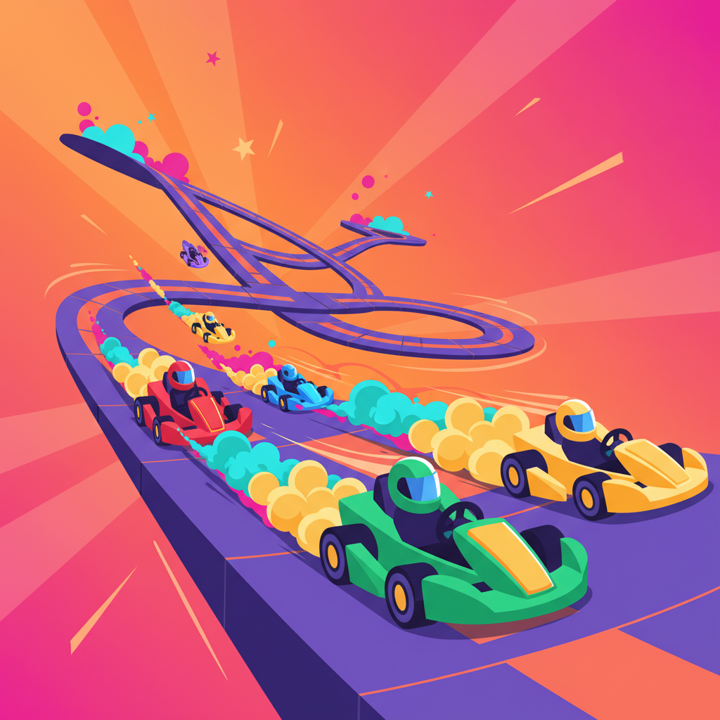 Colorful karts racing on an abstract track in Smash Karts.