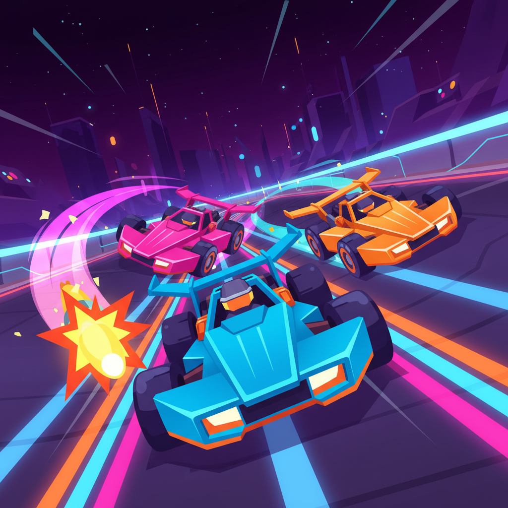 Karts using power-ups like rockets in Smash Karts.