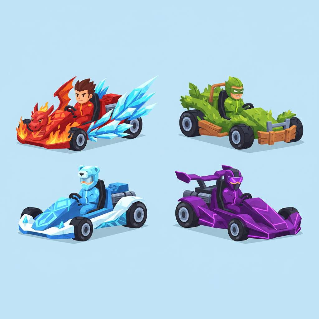 Various unique karts and drivers available in Smash Karts.