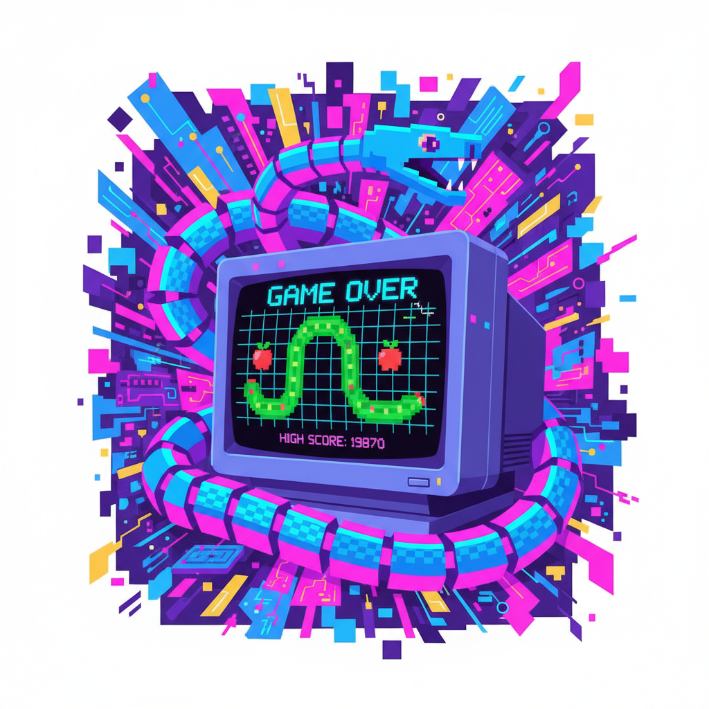 Snake Game: Nostalgic illustration of the addictive snake game on a retro screen.