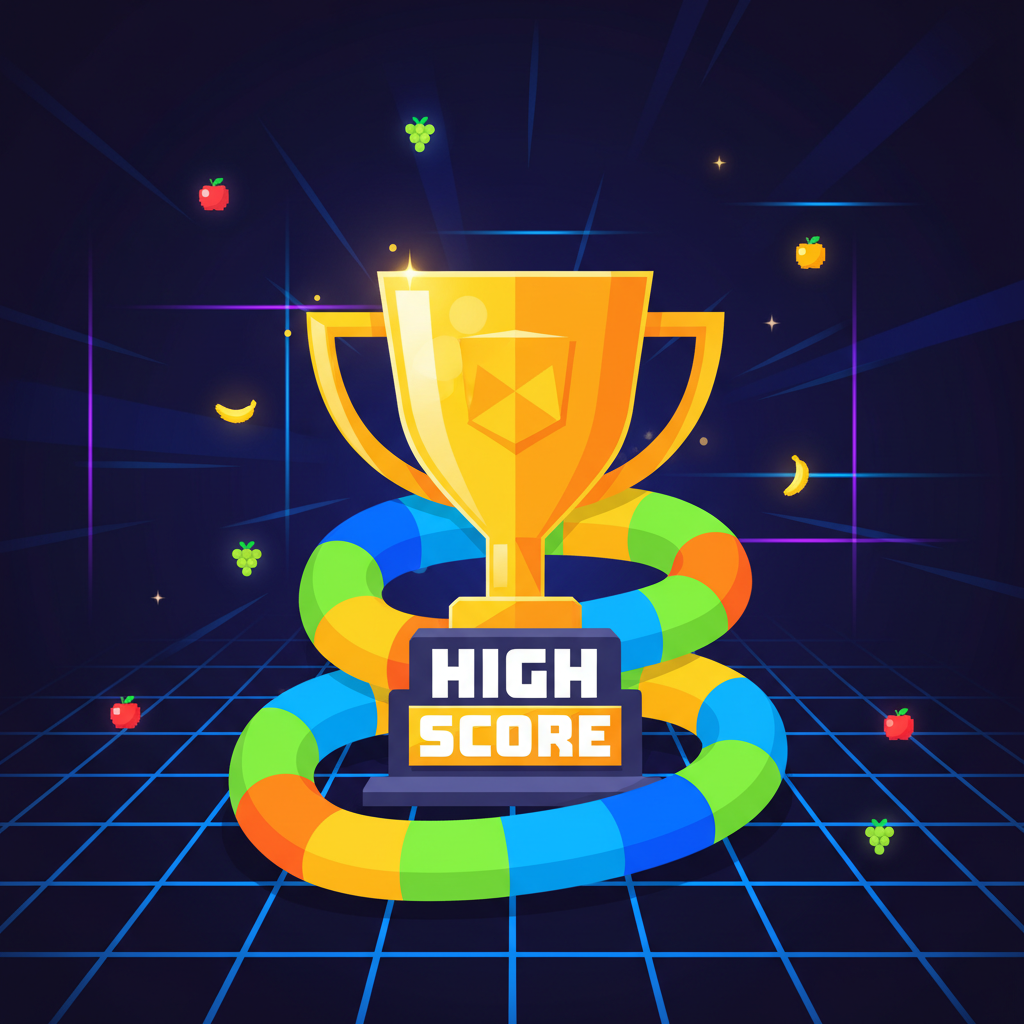 Snake Game: Illustration of achieving a high score with a long snake and trophy.