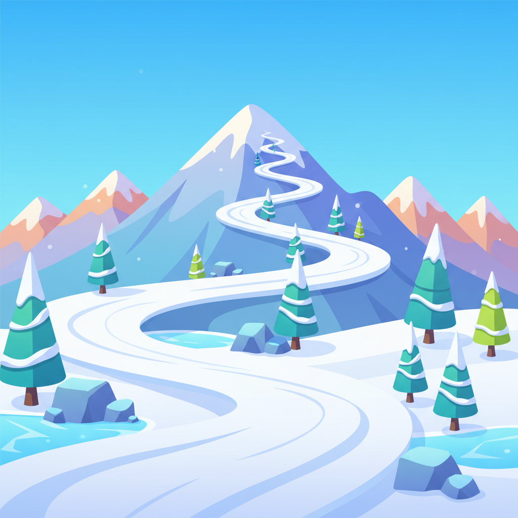 Snow Rider 3D Unblocked expansive colorful snowy mountain level overview with winding track.