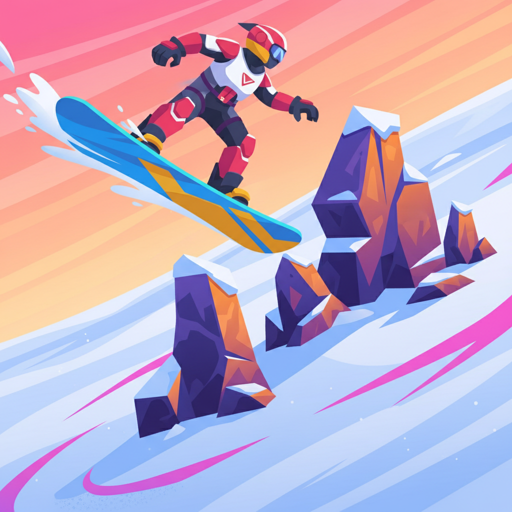 Snow Rider 3D Unblocked character skillfully maneuvering snowboard around obstacles on a colorful slope.