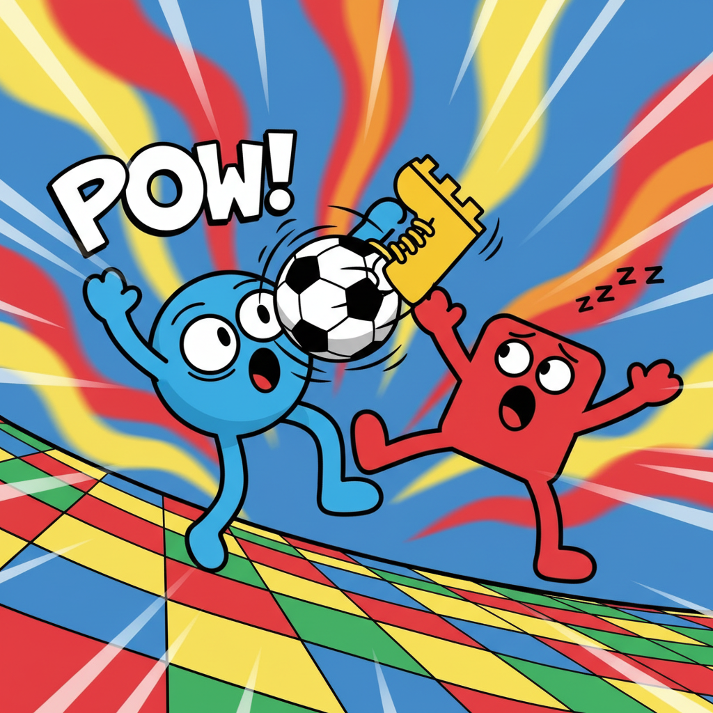 Soccer Random chaotic ragdoll characters colliding mid-air with a soccer ball on a checkerboard pitch.