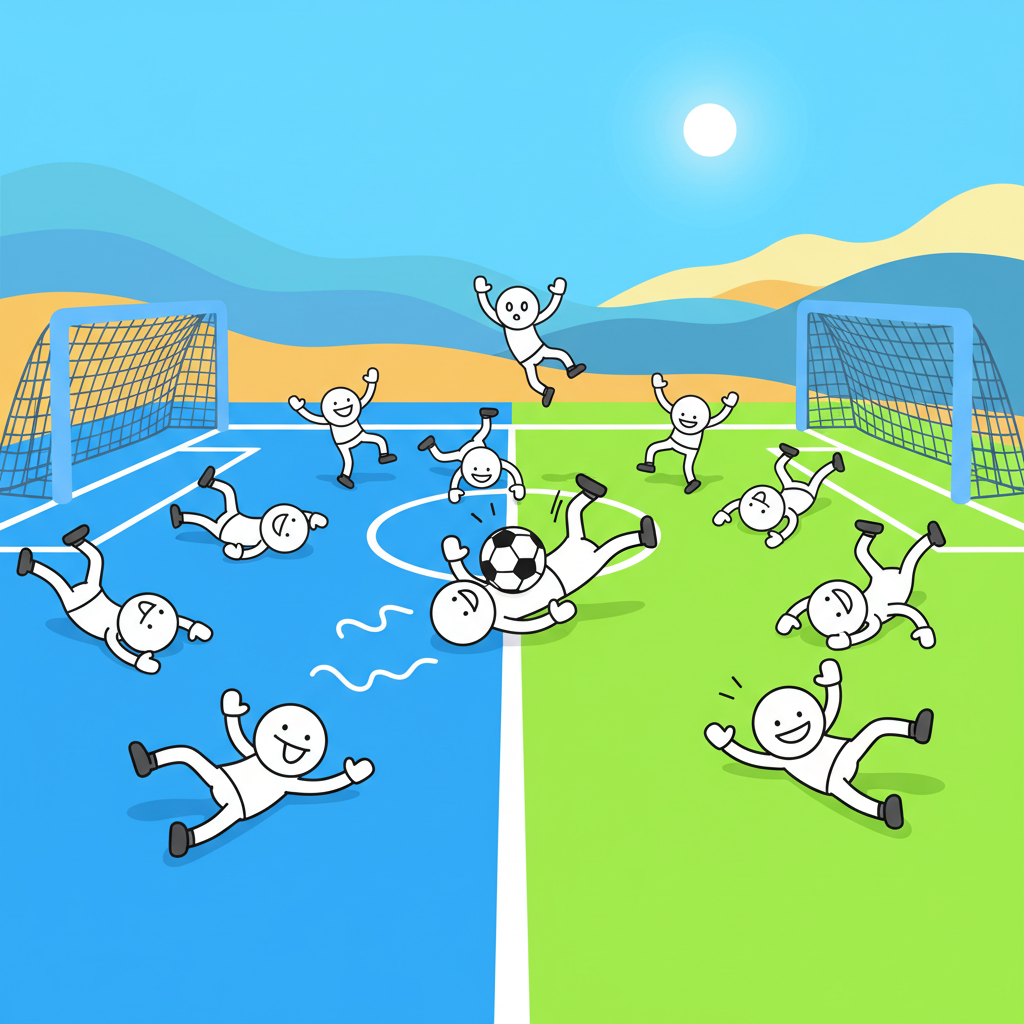 Soccer Random wide view of a chaotic match with ragdoll characters on a brightly colored pitch.
