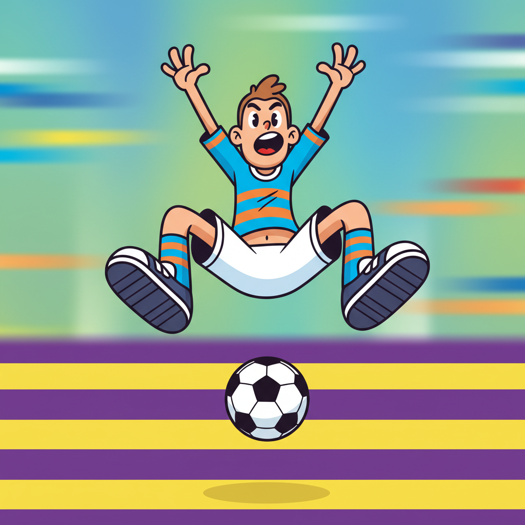 Soccer Random character leaping to kick a soccer ball on a striped pitch, showcasing skill.