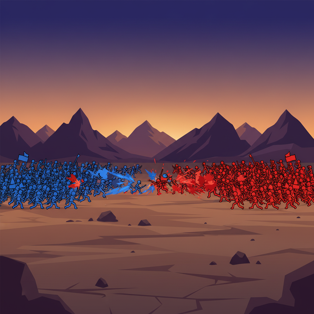 Stick War Unblocked blue and red armies clash on brown plain with purple mountains