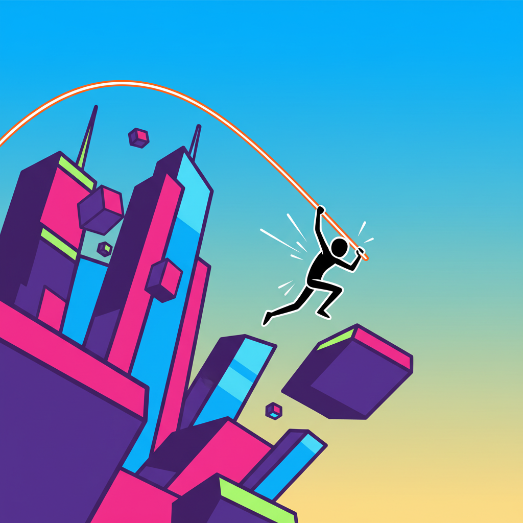 Stickman Hook character swinging through a colorful abstract city.