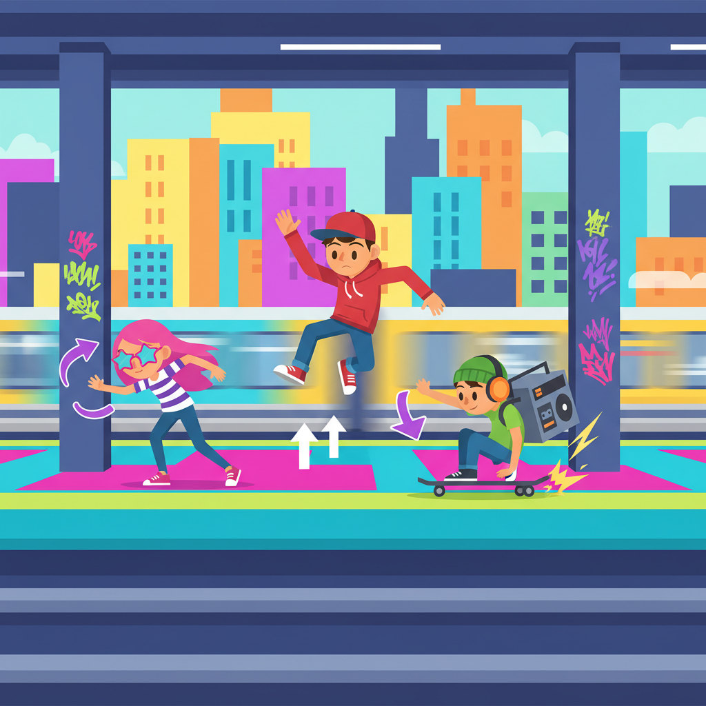 Subway Surfers characters showing game actions on platform.