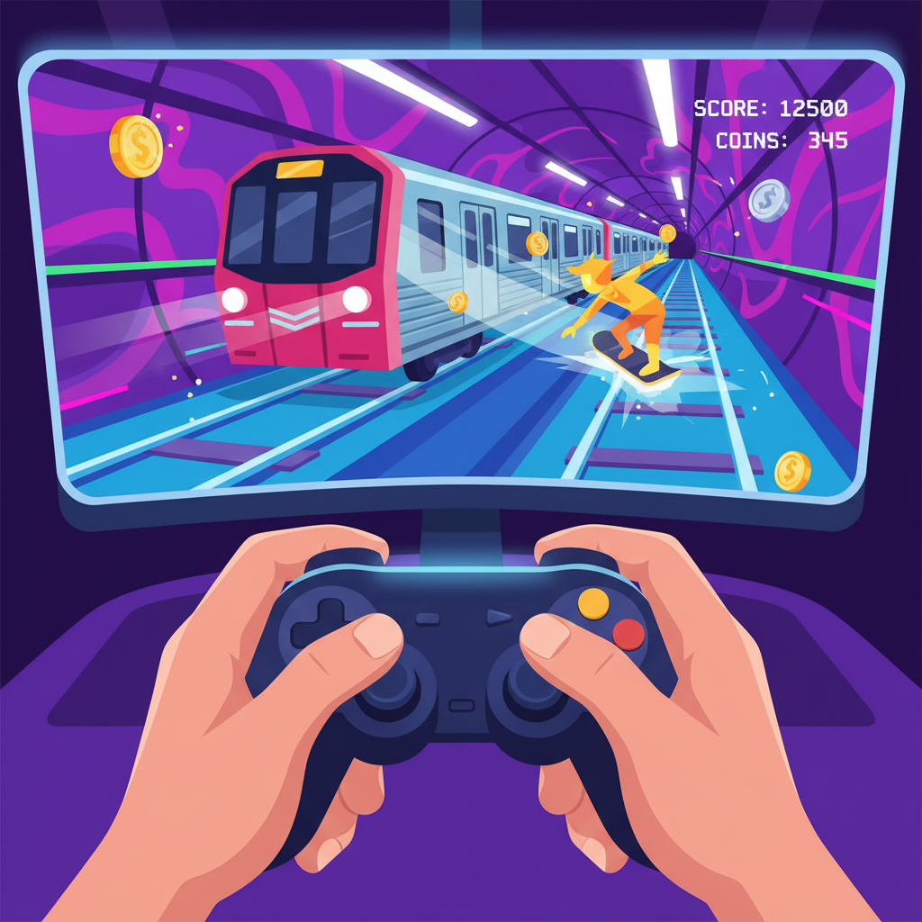 Hoverboard action in Subway Surfers tunnel, collecting coins.