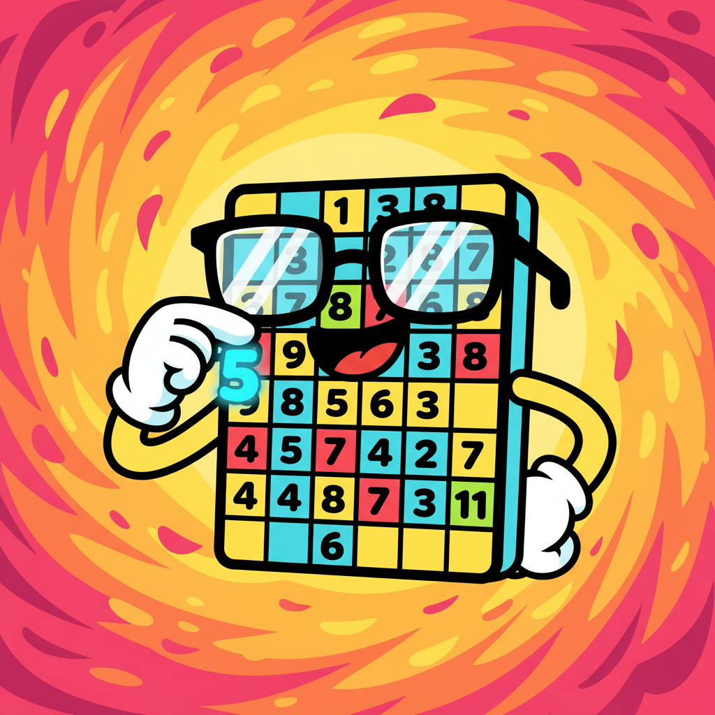 Sudoku Unblocked cartoon grid character placing a number in a puzzle.