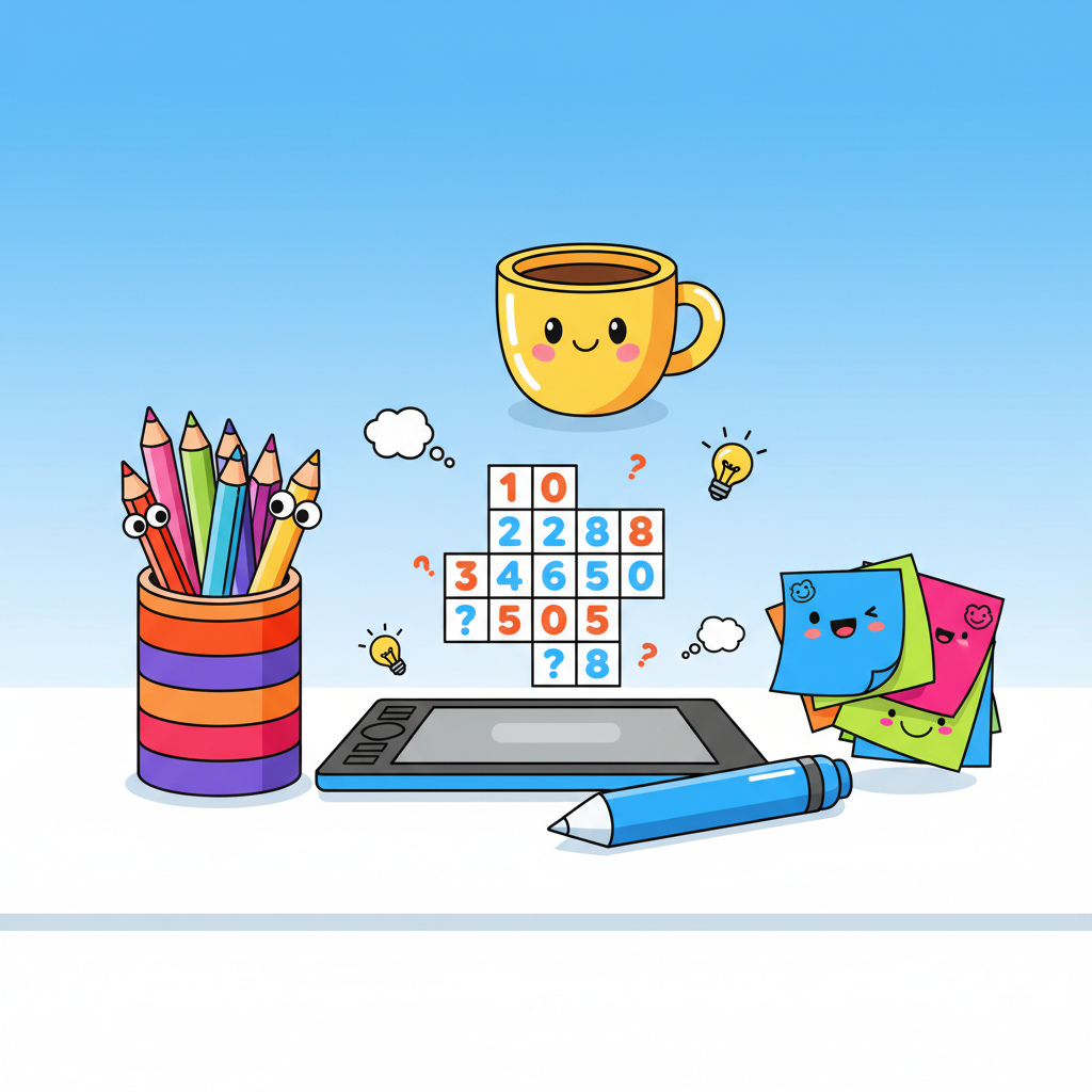 Sudoku Unblocked cartoon desk elements and a puzzle on a playful workspace.