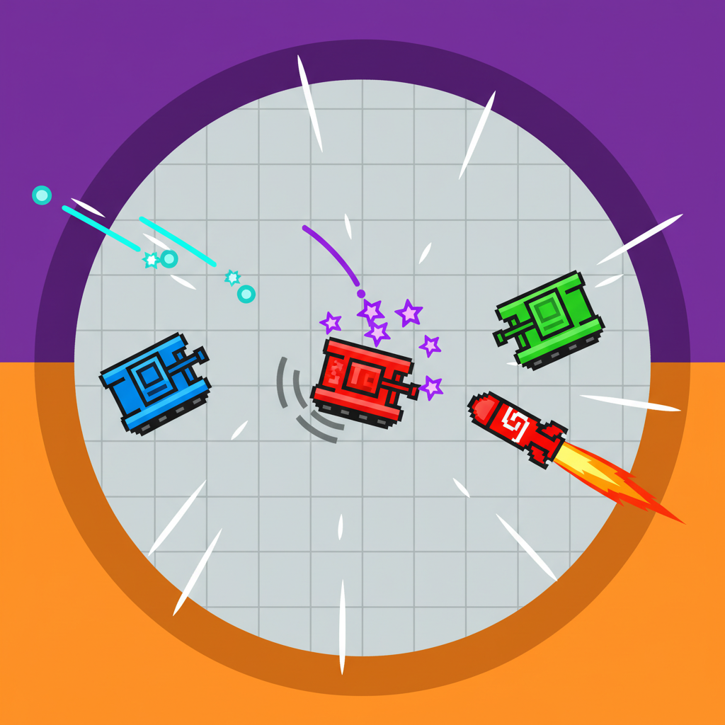 Tank Trouble Unblocked wide view of arena with three colorful tanks battling
