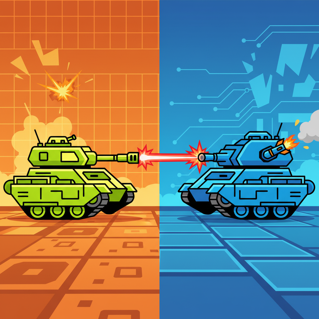 Tank Trouble Unblocked green tank firing laser at blue tank launching rocket