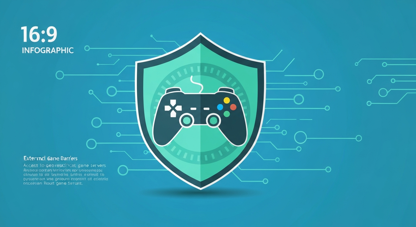 Infographic illustrating VPN unblocking games, showing a shield protecting a game controller from network barriers.