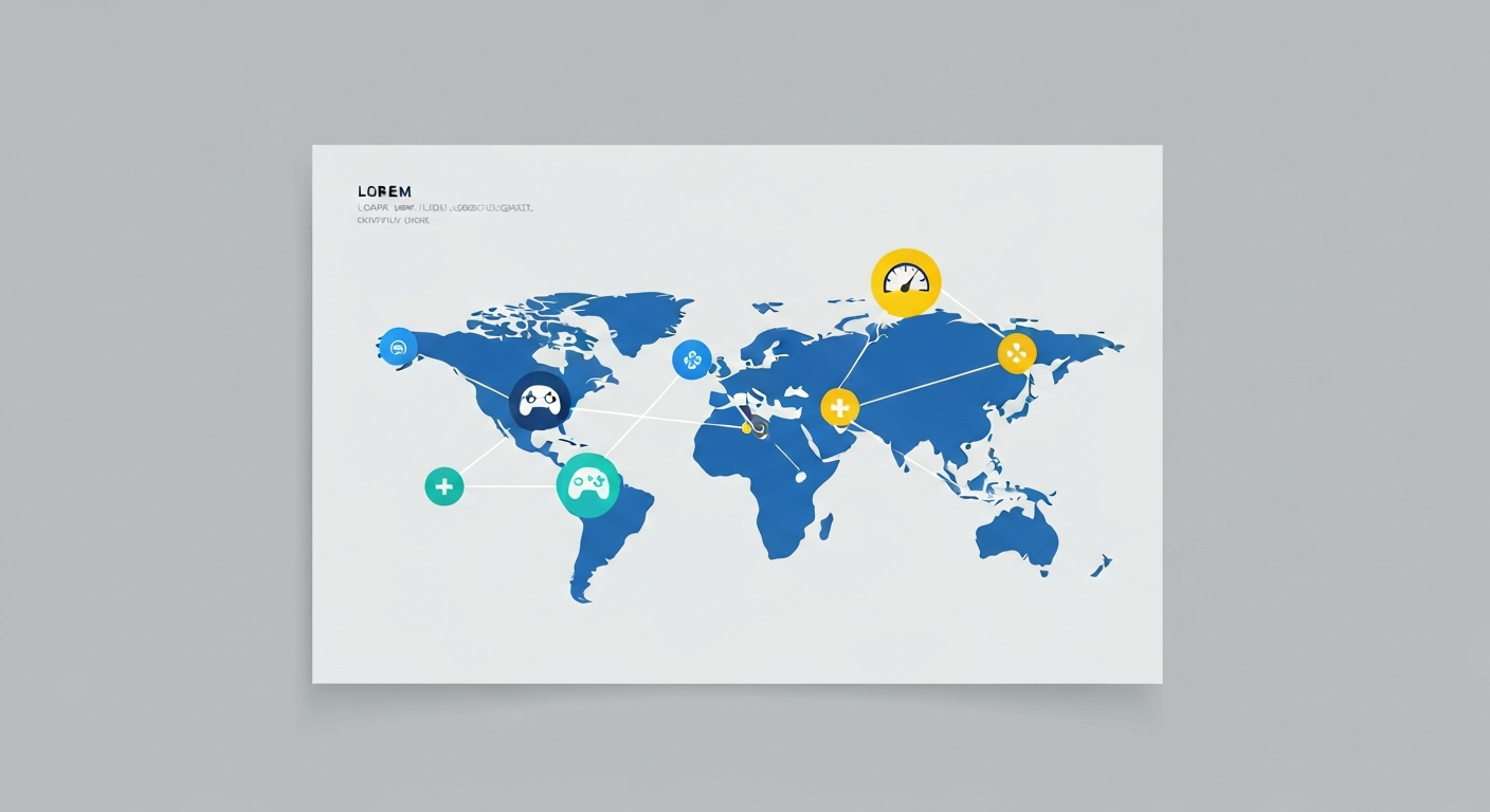Infographic for top VPNs for gaming, showing a global network map with fast connections and gaming elements.
