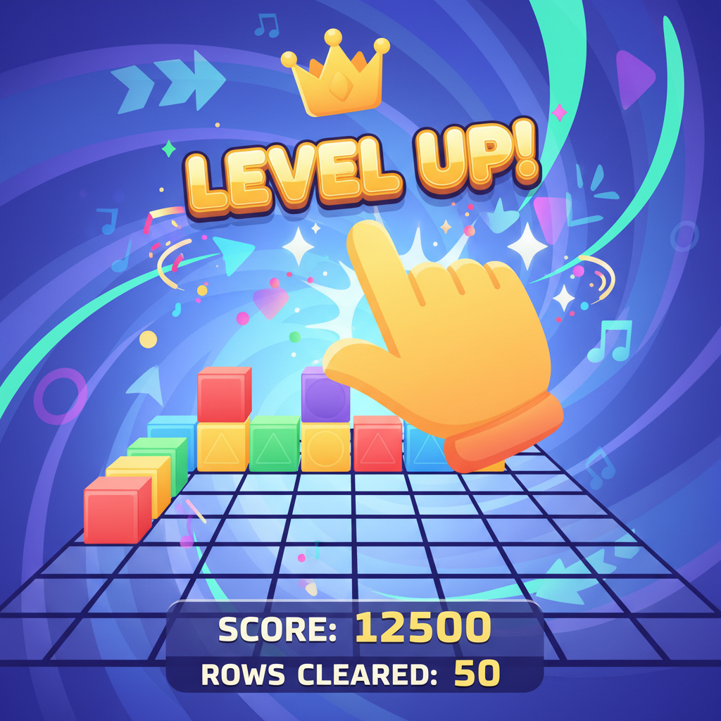 Block Blast Unblocked hand strategically clearing rows of colorful blocks with a sparkle effect.