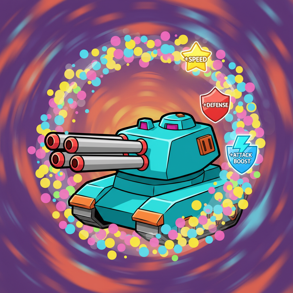 Diep.io Unblocked upgraded tank surrounded by pellets and power-ups, showcasing advantages