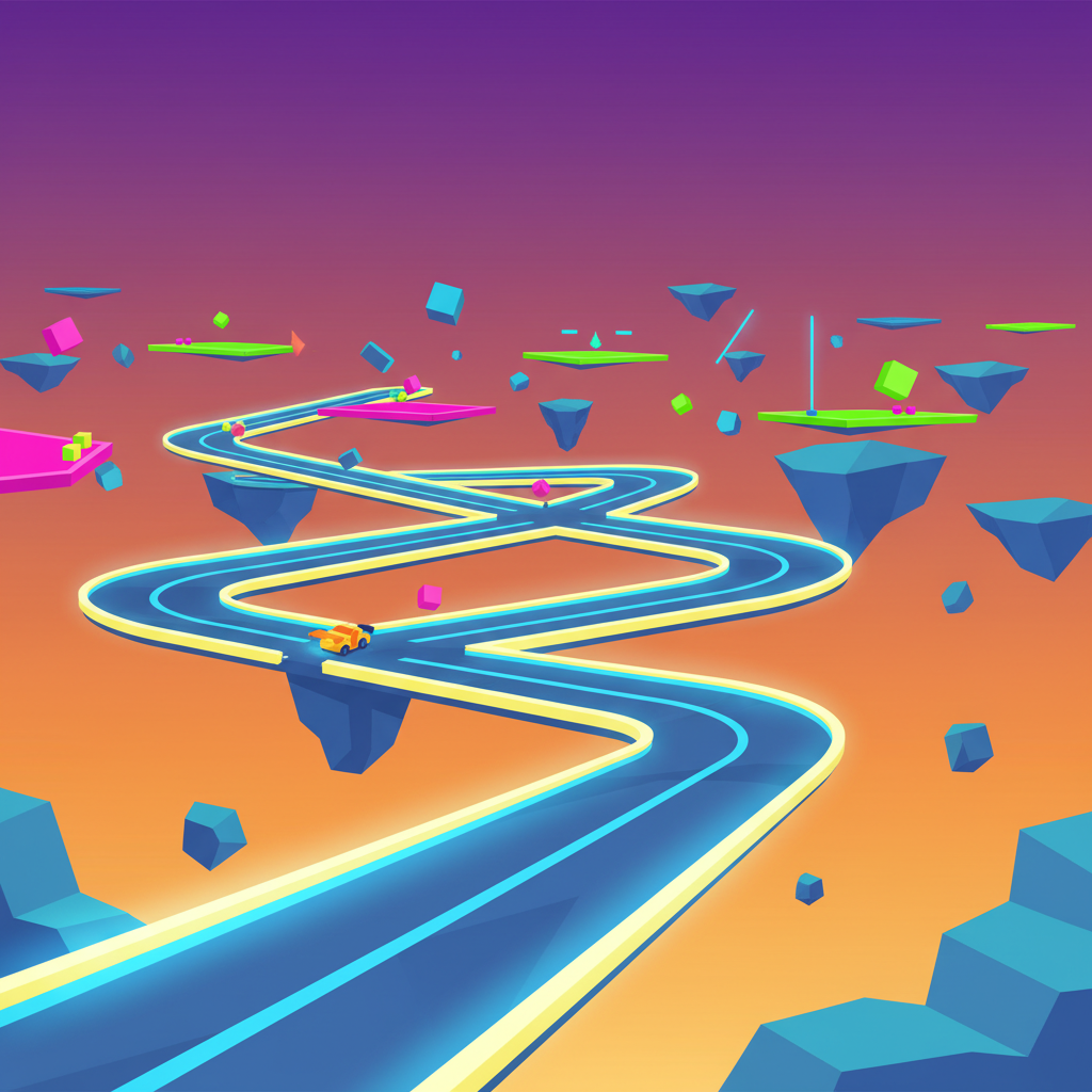 Drift Boss Unblocked level overview with a winding neon track and abstract obstacles